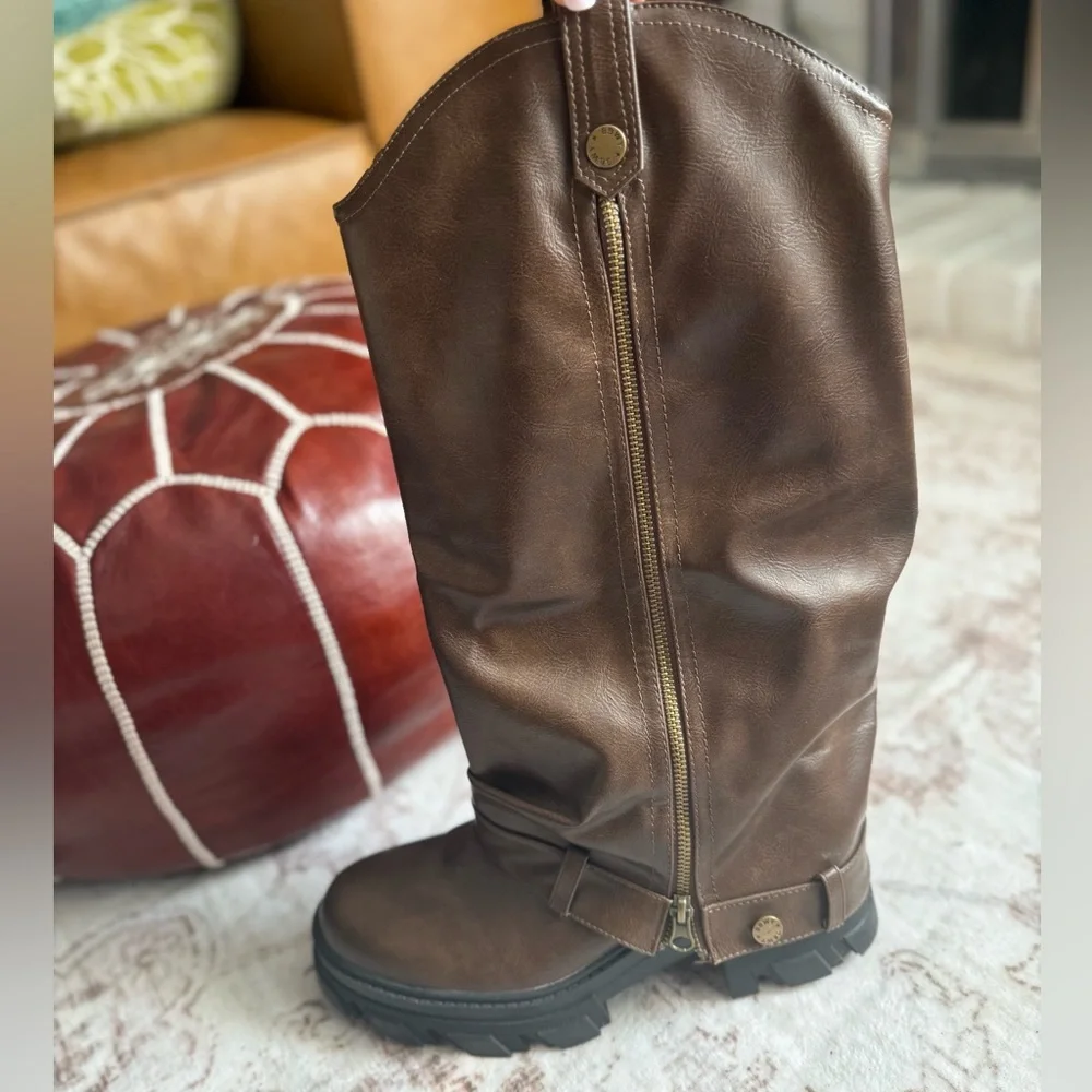 Brown Knee-High Boots with Black Soles bulky fun brown boots - Picture 11 of 13